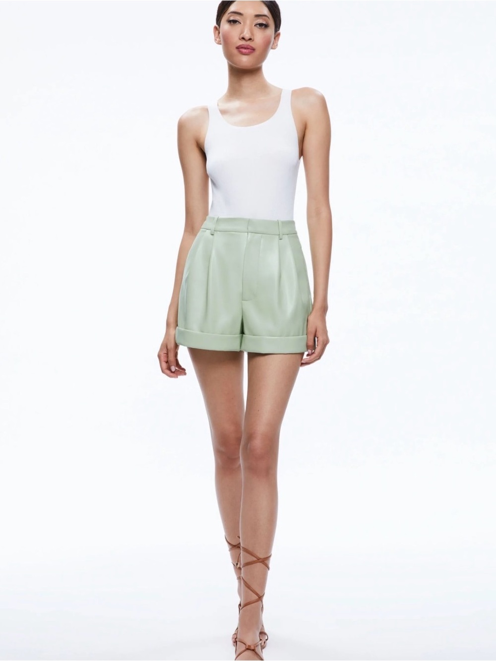 Alice + Olivia Pale Sage Tailored Cuffed High-Rise Shorts